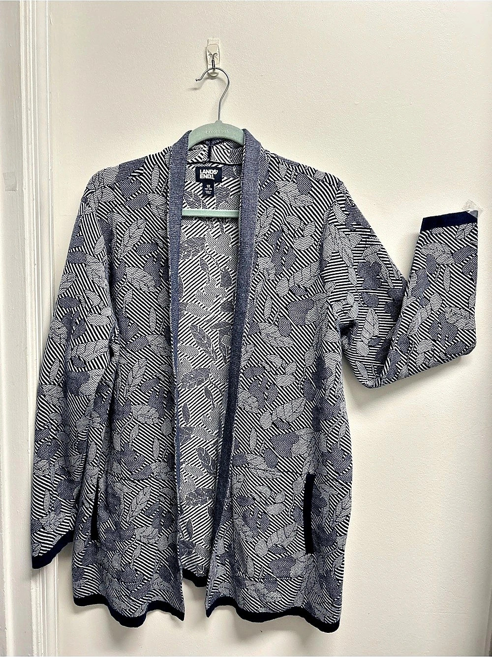 Lands' End Striped Botanical Print Open Front Cardigan in Blue & White Size 1X